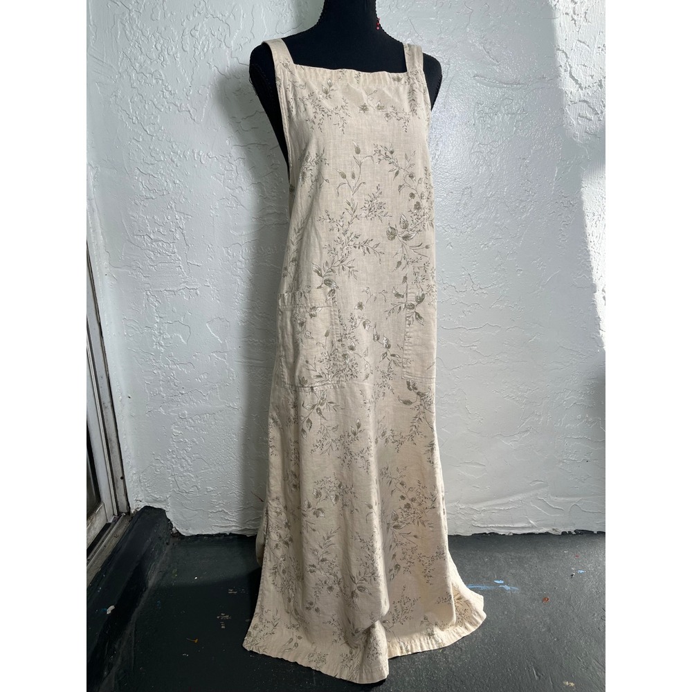 White Stag L 12/14 Linen Cotton Floral Pinafore Maxi Dress Cottagecore